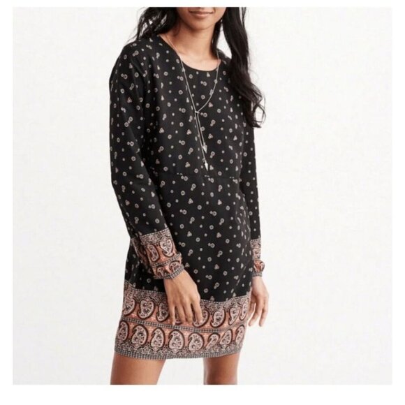 Abercrombie & Fitch Black & Blue Floral Long Sleeve Tunic Border Women's Dress S - Picture 1 of 10